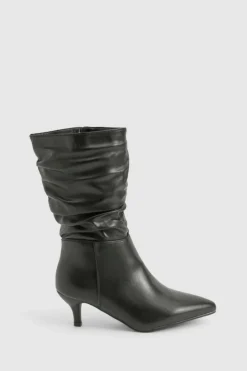 Calf High Boots|Heeled Boots*boohoo Ruched Calf High Low Heeled Boot black
