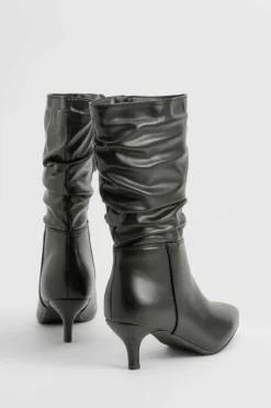 Calf High Boots|Heeled Boots*boohoo Ruched Calf High Low Heeled Boot black