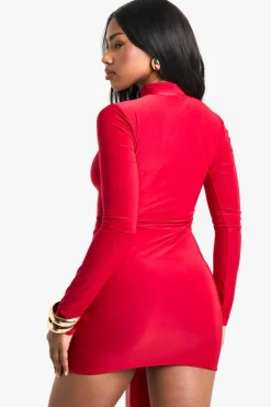 Bodycon Dresses|Dresses*boohoo Ruched Front Drape Long Sleeve Mini Dress red