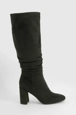 Heels|Over The Knee Boots*boohoo Ruched High Block Heeled Knee High Boots black