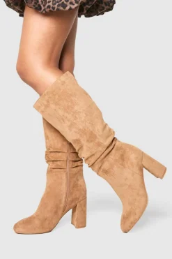 Heels|Over The Knee Boots*boohoo Ruched High Block Heeled Knee High Boots taupe