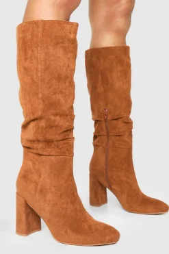 Heels|Over The Knee Boots*boohoo Ruched High Block Heeled Knee High Boots tan