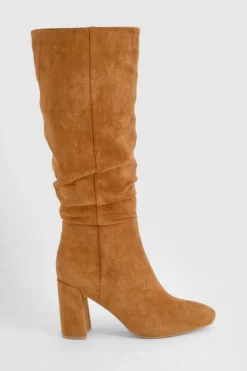 Heels|Over The Knee Boots*boohoo Ruched High Block Heeled Knee High Boots tan