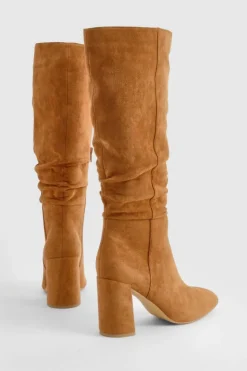 Heels|Over The Knee Boots*boohoo Ruched High Block Heeled Knee High Boots tan