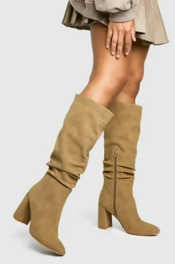 Heels|Over The Knee Boots*boohoo Ruched High Block Heeled Knee High Boots camel