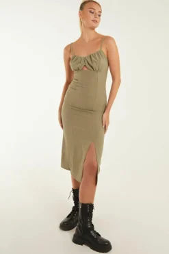 Midi Dresses*Pink Vanilla Ruched Linen Style Midi Dress Khaki