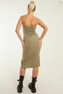 Midi Dresses*Pink Vanilla Ruched Linen Style Midi Dress Khaki