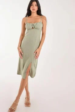 Midi Dresses*Pink Vanilla Ruched Linen Style Midi Dress Khaki
