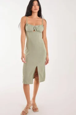 Midi Dresses*Pink Vanilla Ruched Linen Style Midi Dress Khaki