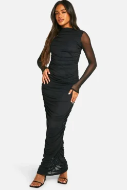 Maxi Dresses|Long Sleeve Dresses*boohoo Ruched Mesh Maxi Dress black