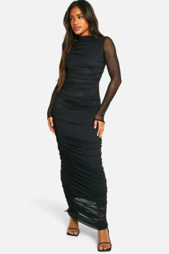 Maxi Dresses|Long Sleeve Dresses*boohoo Ruched Mesh Maxi Dress black