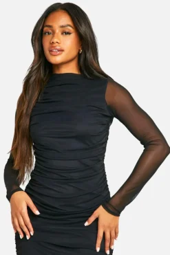 Maxi Dresses|Long Sleeve Dresses*boohoo Ruched Mesh Maxi Dress black