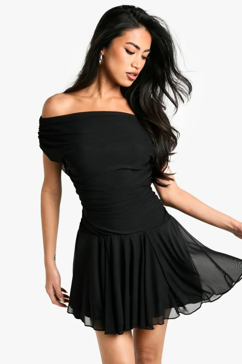 Skater Dresses*boohoo Ruched Pleated Hem Mini Dress black