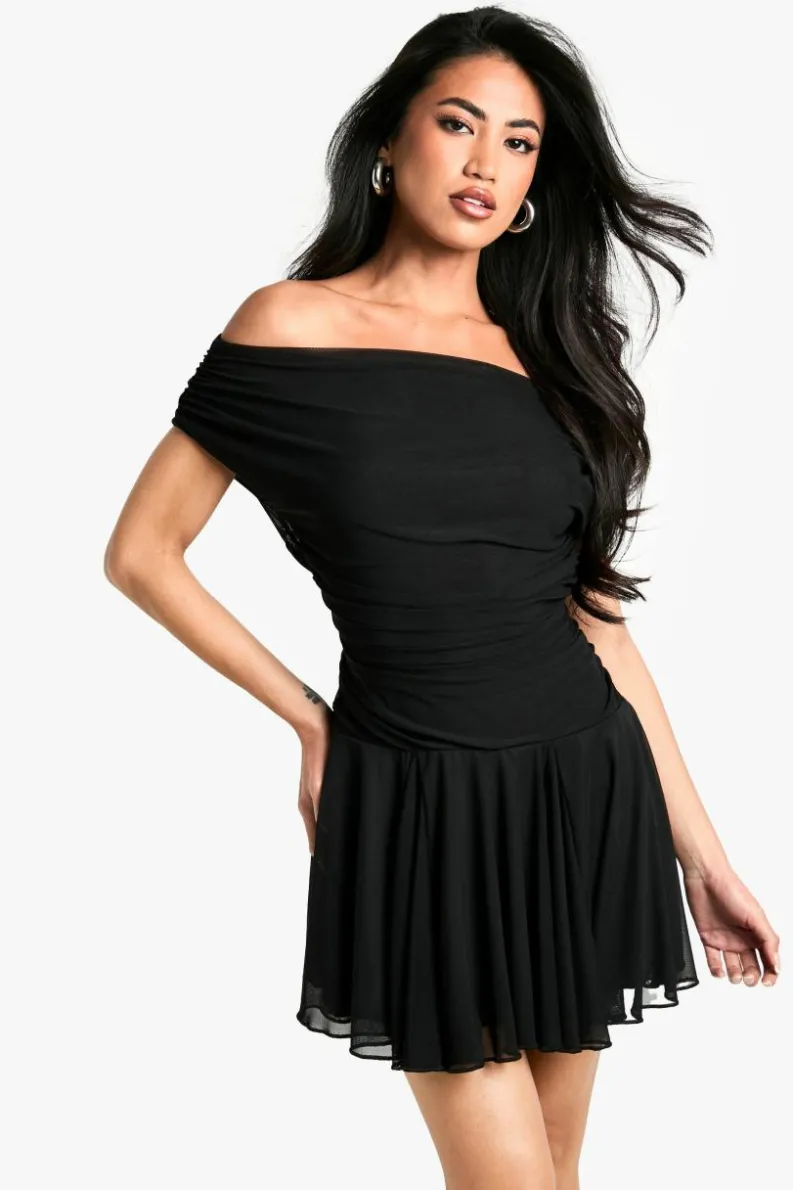 Skater Dresses*boohoo Ruched Pleated Hem Mini Dress black