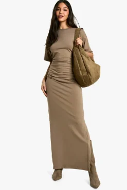 T-Shirt Dresses|Shirt Dresses*boohoo Ruched Side T-shirt Midaxi Dress taupe