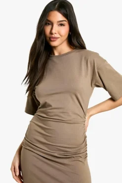 T-Shirt Dresses|Shirt Dresses*boohoo Ruched Side T-shirt Midaxi Dress taupe