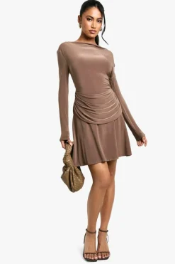 Skater Dresses*boohoo Ruched Slinky Drape Front Mini Dress mocha