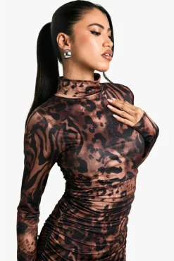Bodycon Dresses*boohoo Ruched Slinky High Neck Mini Dress leopard