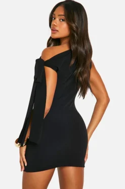 Mini Dresses*boohoo Ruched Slinky Off The Shoulder Mini Dress black