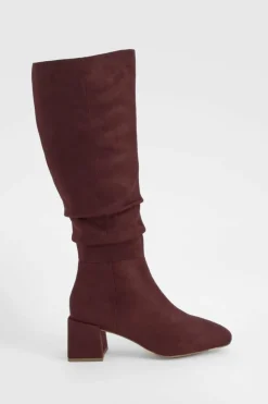 Heels|Over The Knee Boots*boohoo Ruched Slouch Block Heel Knee High Boots chocolate