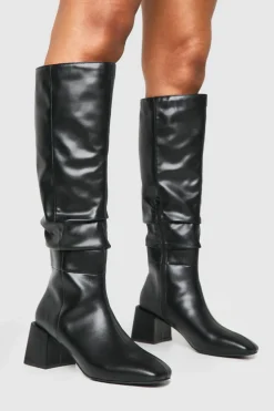 Heels|Over The Knee Boots*boohoo Ruched Slouch Block Heel Knee High Boots black