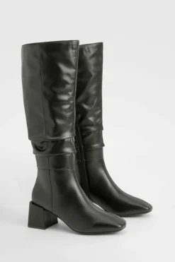 Heels|Over The Knee Boots*boohoo Ruched Slouch Block Heel Knee High Boots black