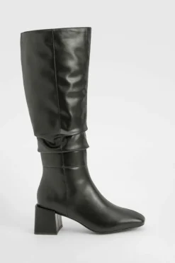 Heels|Over The Knee Boots*boohoo Ruched Slouch Block Heel Knee High Boots black