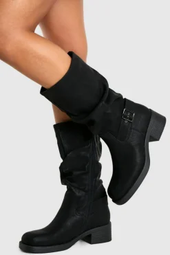 Over The Knee Boots|Knee High Boots*boohoo Ruched Slouch Buckle Detail Knee High Boots black
