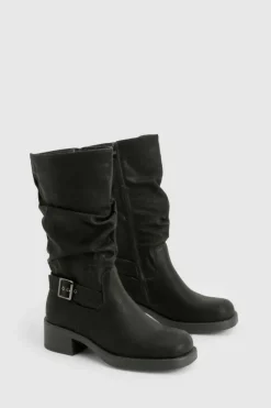 Over The Knee Boots|Knee High Boots*boohoo Ruched Slouch Buckle Detail Knee High Boots black