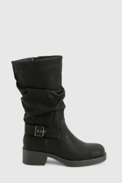 Over The Knee Boots|Knee High Boots*boohoo Ruched Slouch Buckle Detail Knee High Boots black