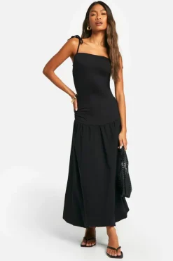 Smock Dresses*boohoo Ruched Tie Strap Volume Midaxi Dress black
