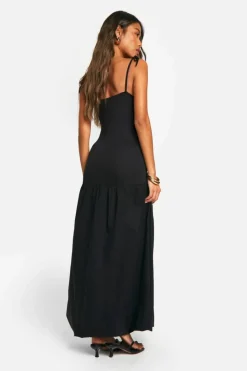 Smock Dresses*boohoo Ruched Tie Strap Volume Midaxi Dress black