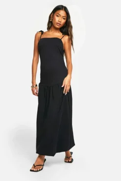 Smock Dresses*boohoo Ruched Tie Strap Volume Midaxi Dress black