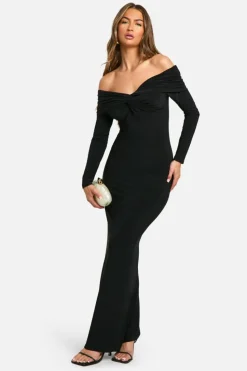 Maxi Dresses|Long Sleeve Dresses*boohoo Ruched Twist Detail Bardot Maxi Dress black