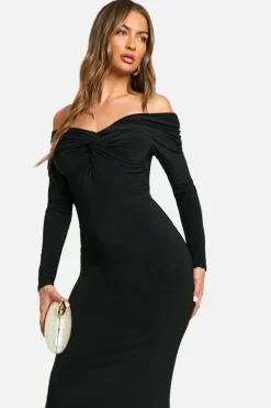 Maxi Dresses|Long Sleeve Dresses*boohoo Ruched Twist Detail Bardot Maxi Dress black