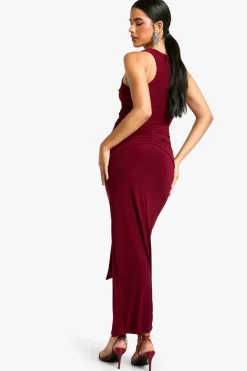 Maxi Dresses*boohoo Ruched Twist Detail Racer Neck Maxi Dress burgundy
