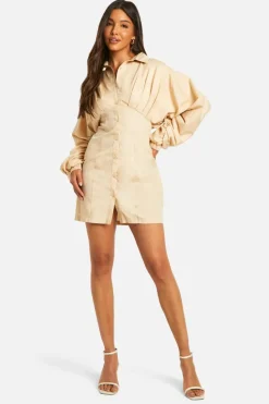 Shirt Dresses*boohoo Ruched Wide Sleeve Shirt Dress stone