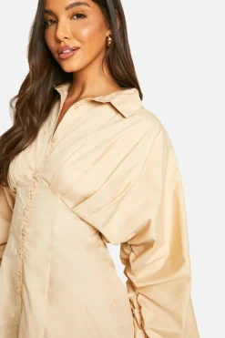 Shirt Dresses*boohoo Ruched Wide Sleeve Shirt Dress stone