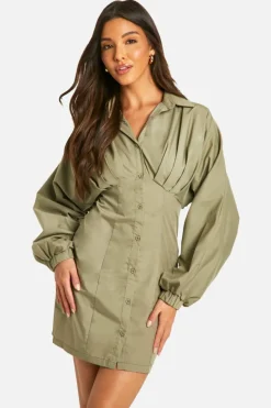 Shirt Dresses*boohoo Ruched Wide Sleeve Shirt Dress khaki
