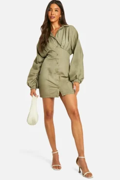 Shirt Dresses*boohoo Ruched Wide Sleeve Shirt Dress khaki