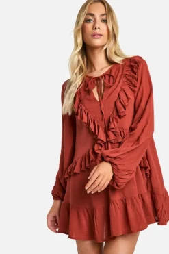 Smock Dresses*boohoo Ruffle Cheesecloth Mini Dress terracotta