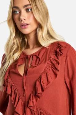 Smock Dresses*boohoo Ruffle Cheesecloth Mini Dress terracotta