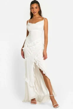 Maxi Dresses*boohoo Ruffle Cowl Split Maxi Dress white