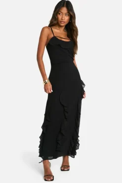 Cami Dresses*boohoo Ruffle Cowl Strappy Maxi Dress black