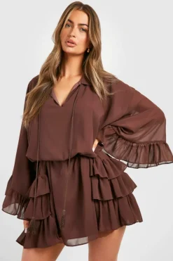 Smock Dresses|Mini Dresses*boohoo Ruffle Detail Smock Dress chocolate