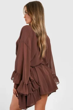 Smock Dresses|Mini Dresses*boohoo Ruffle Detail Smock Dress chocolate