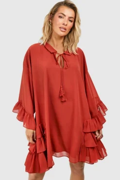 Smock Dresses*boohoo Ruffle Detail Smock Mini Dress chocolate