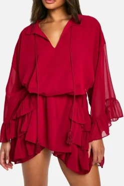Smock Dresses*boohoo Ruffle Detail Smock Mini Dress burgundy