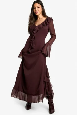 Maxi Dresses|Long Sleeve Dresses*boohoo Ruffle Flare Sleeve Belted Chiffon Maxi Dress plum
