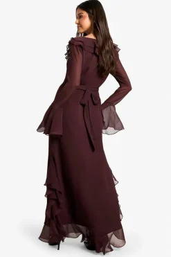 Maxi Dresses|Long Sleeve Dresses*boohoo Ruffle Flare Sleeve Belted Chiffon Maxi Dress plum